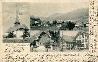 Postkarte «Gruss aus Röthenbach! (Emmenthal)»; abgestempelt «LINDEN b. THUN, 22.VII.02» und «BASEL, 22.VII.02»; gelaufen nach Basel