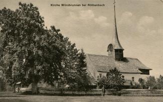 Postkarte «Kirche Würzbrunnen bei Röthenbach»; P. Fankhauser, Röthenbach; abgestempelt «RÖTHENBACH (EMMENTHAL), 12.VII.12» und «LANGNAU, 13.VII.12»; gelaufen nach Langnau i. E.