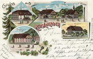 Postkarte «Gruss aus RÖTHENBACH (Ca. Bern.)»; verlegt von C. Burchard, Bern; abgestempelt «THUN, 9.IX.02» und «BASEL 9.IX.02»; gelaufen nach Basel
