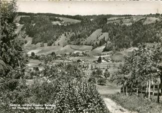 Ansichtskarte «Ausblick von der Pension Waldegg auf Oberhofen u. Station Bowil»; Pension Waldegg Gauchern-Röthenbach i/E. – 1080 m. ü. M., Frau Siegenthaler-Gerber, Tel. 24; gelaufen nach Erlen TG